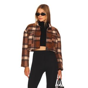 Lovers + Friends Roxy Cropped Shacket in Brown Plaid